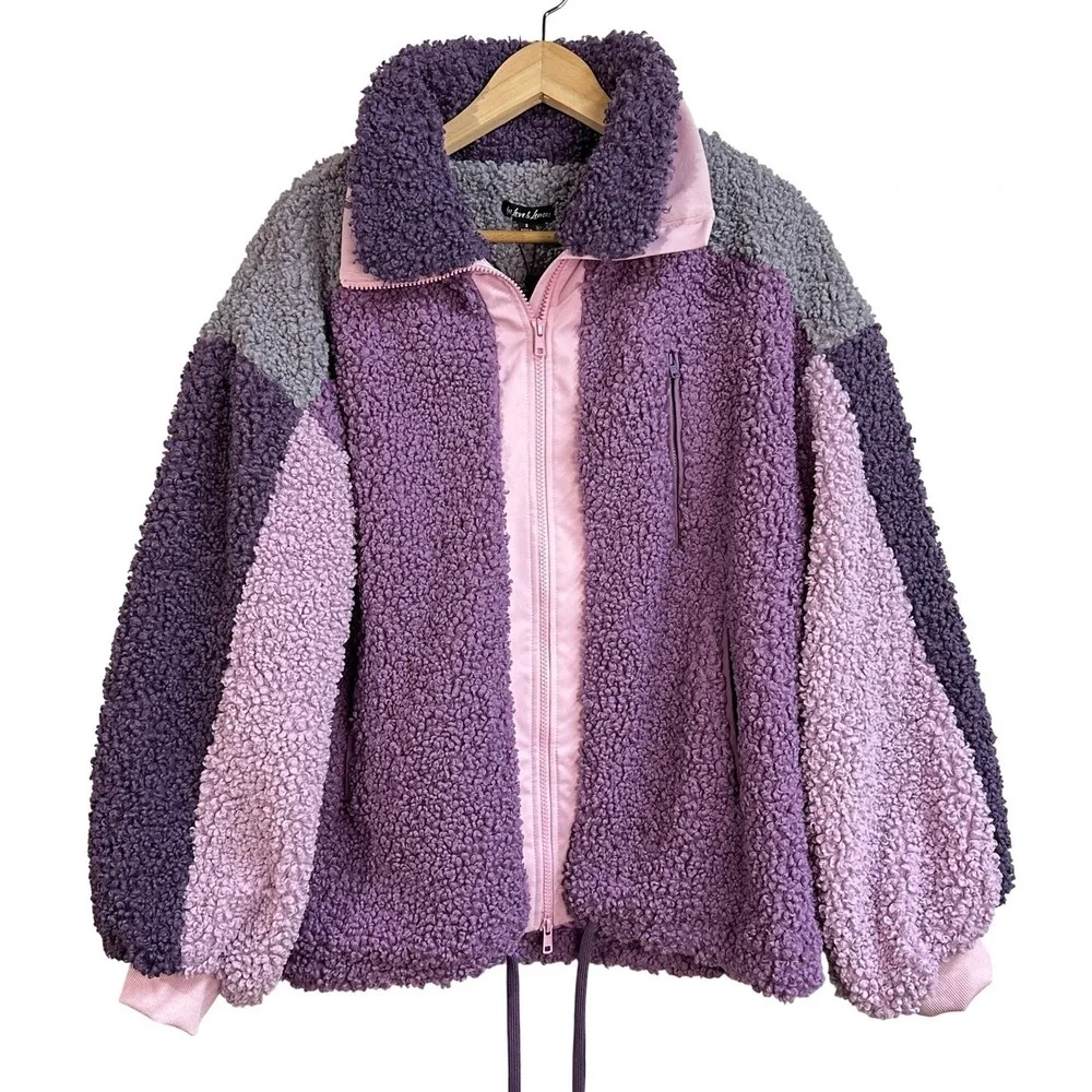 For Love & Lemons Cozy Zip Up‎ Sherpa Colorblock Fleece Jacket Womens Small NWT